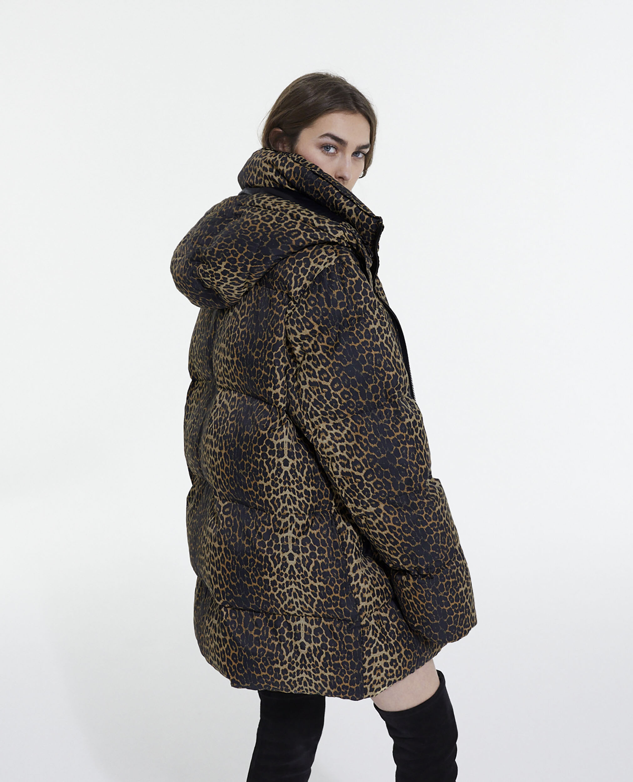 Leopard print oversized down jacket with straps and logo, LEOPARD, hi-res image number null