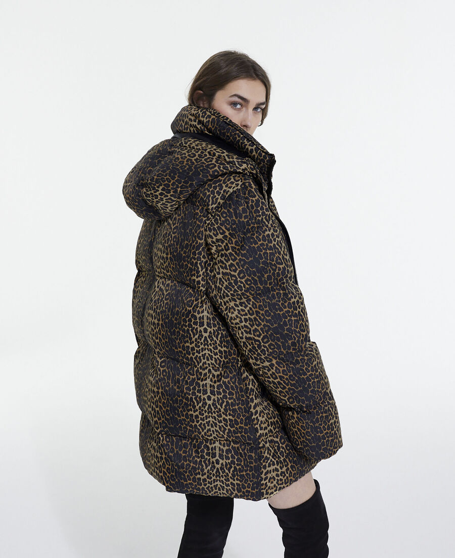 leopard print oversized down jacket with straps and logo