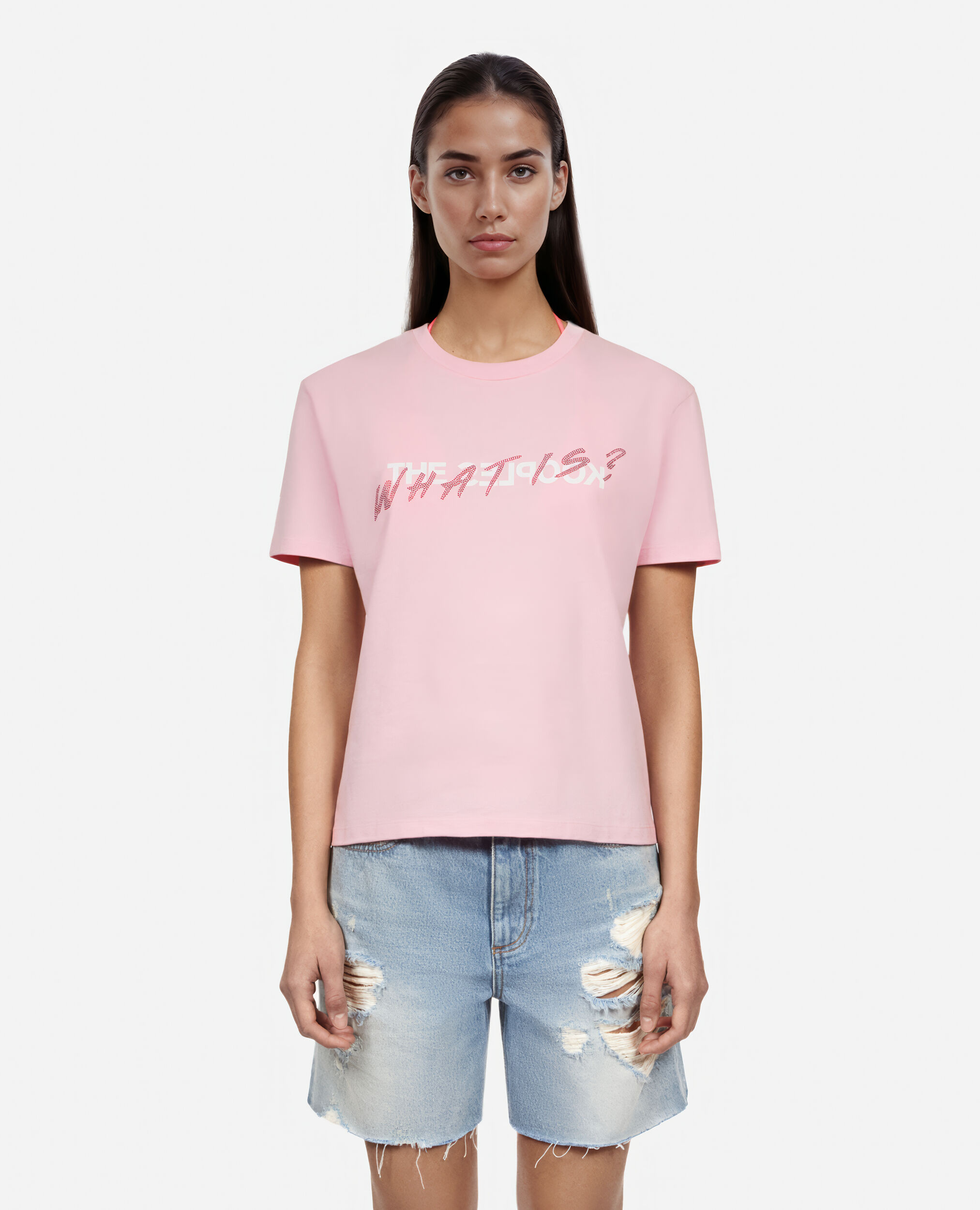 Pink What is t-shirt with rhinestones, POWDER PINK, hi-res image number null