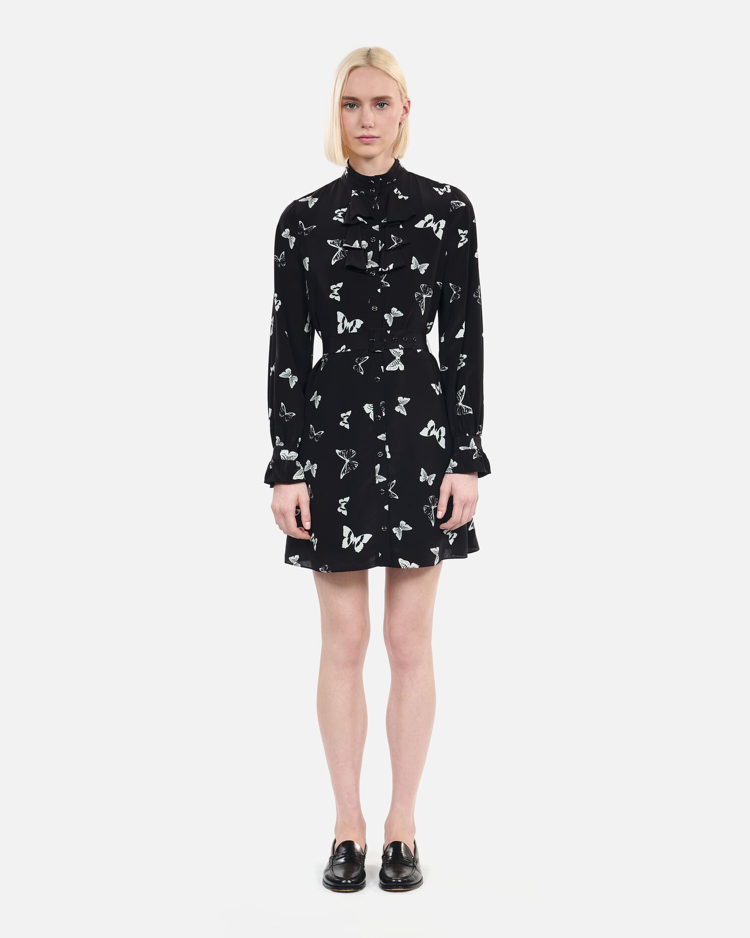Short butterfly print dress, BLACK WHITE, hi-res image number null