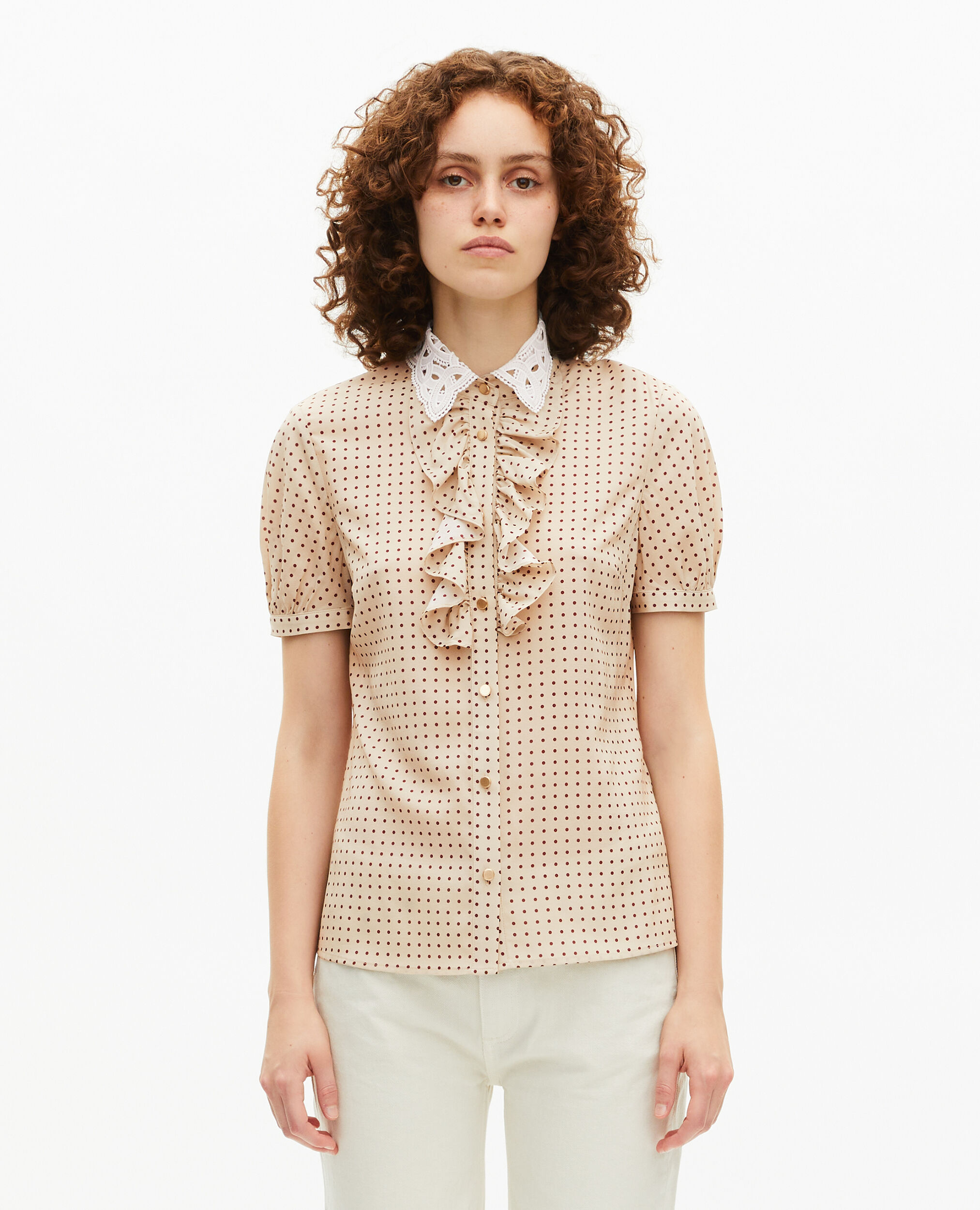 Chemise manches courtes à pois beige, BEIGE / RED, hi-res image number null
