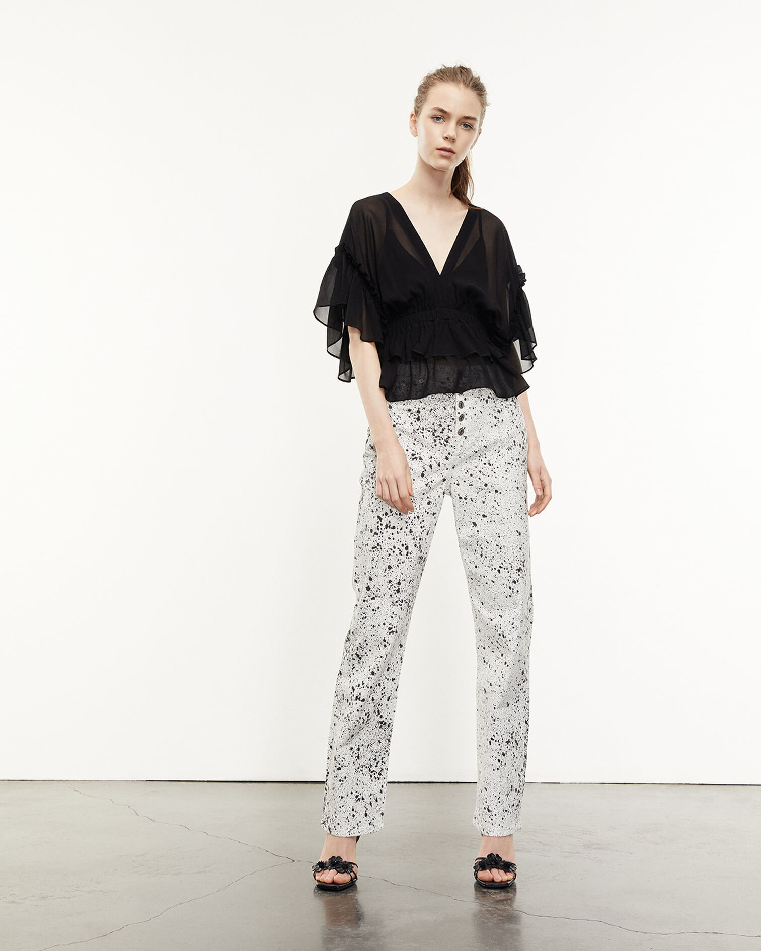 Top fluide noir volants taille élastique, BLACK, hi-res image number null