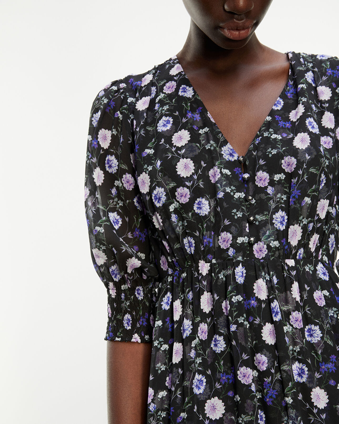The Kooples WOMEN BLACK-PURPLE buttoned printed midi dress with frills