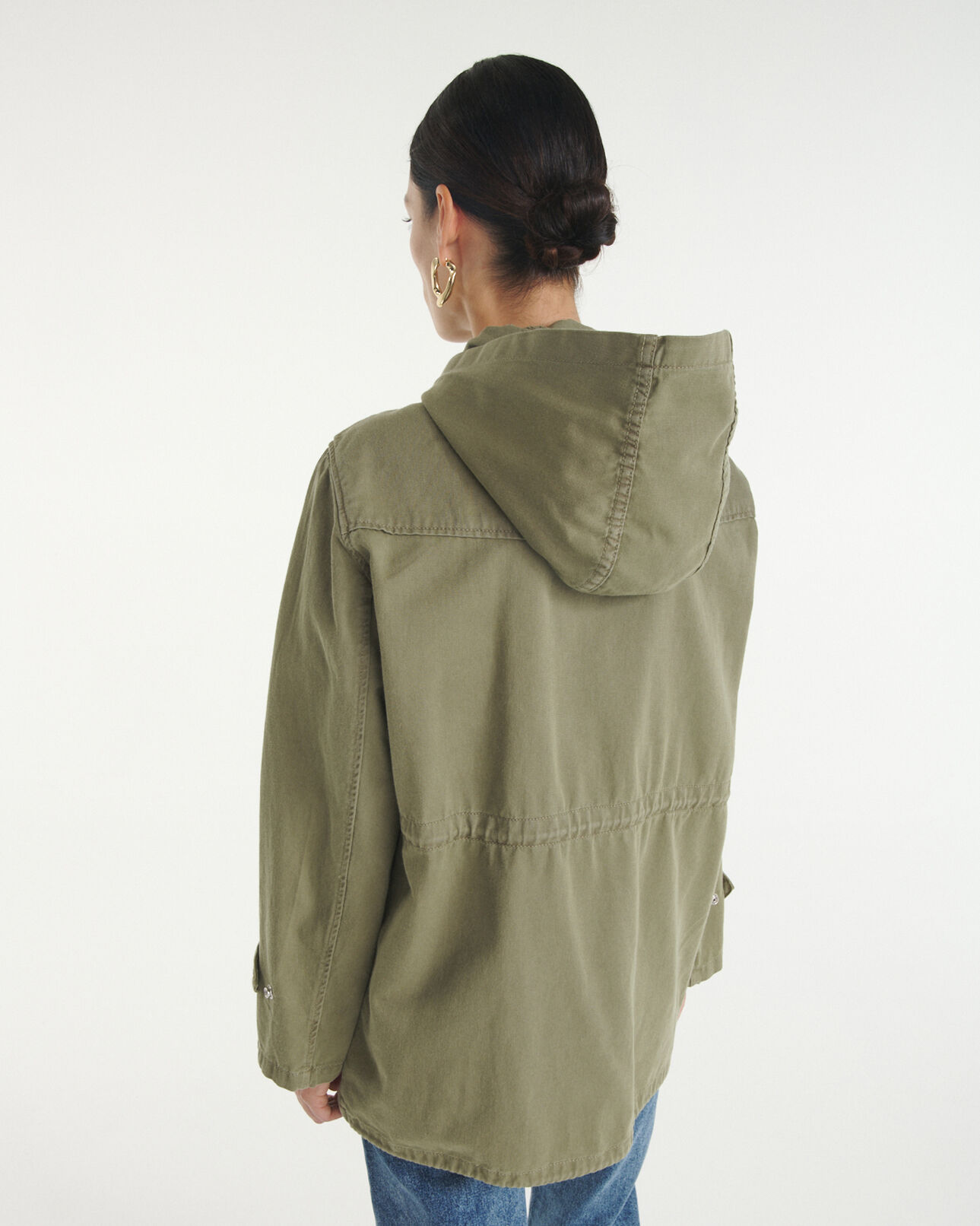 The Kooples WOMEN OLIVE khaki mid-length hooded denim parka
