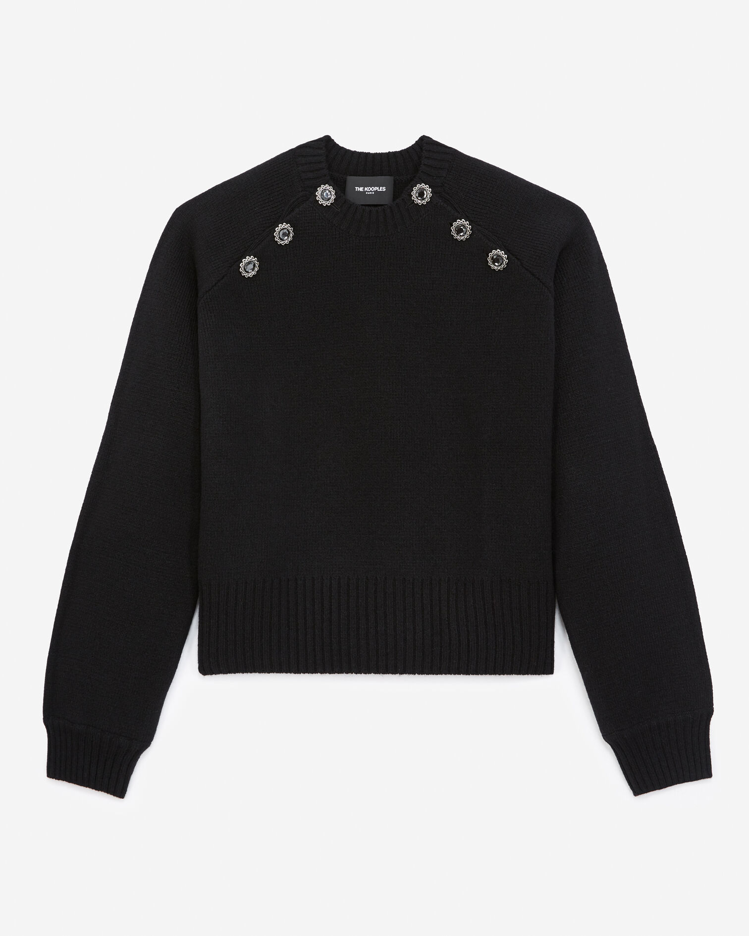 Pull laine noir col rond attaches bijoux, BLACK, hi-res image number null