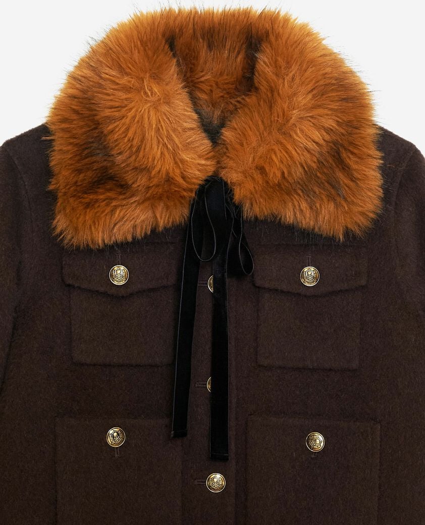 The Kooples FEMME CHOCOLATE blouson court en laine col sherpa marron