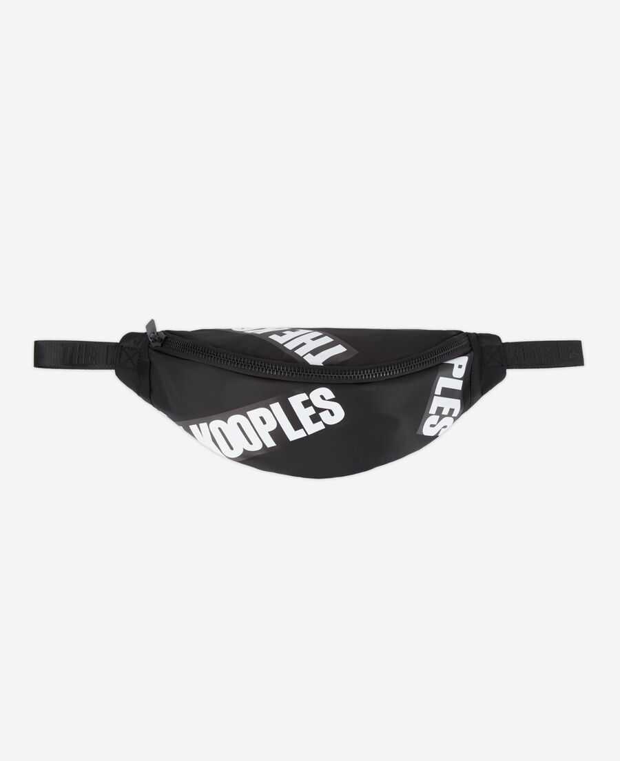 black waist bag with tape logo