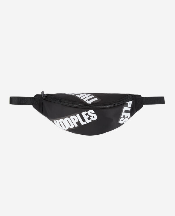 black waist bag with tape logo