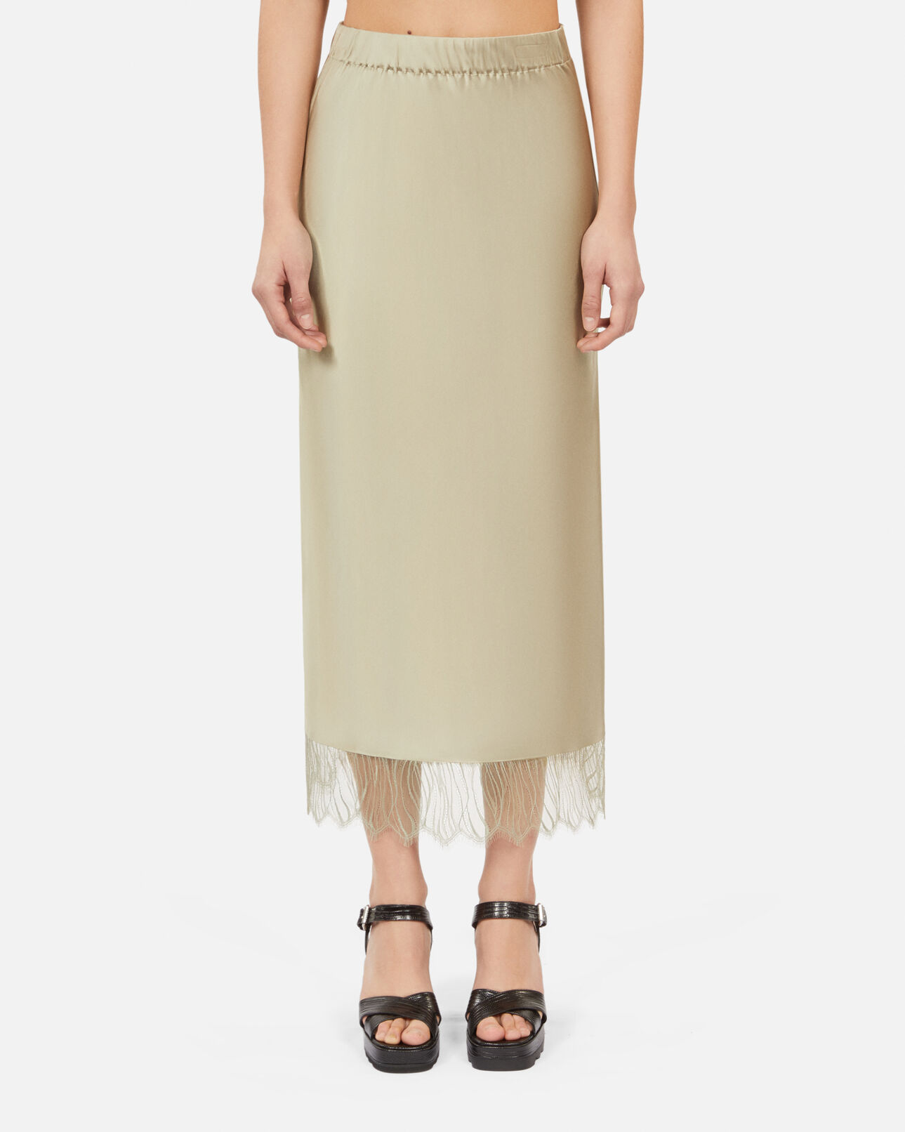 The Kooples WOMEN KAKI GREY long light green skirt with lace