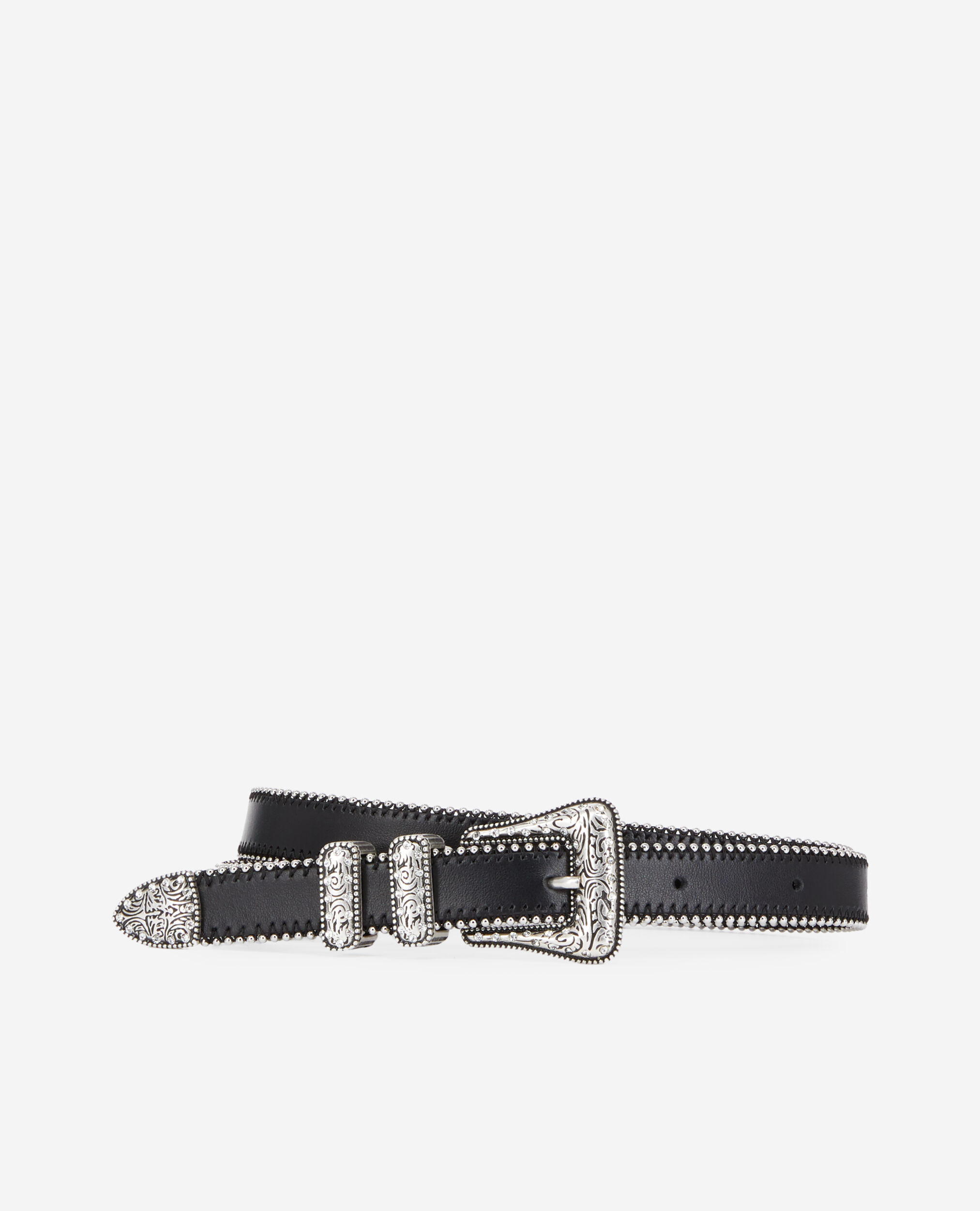 Bead-edged black leather belt with rhinestone Western buckle, BLACK, hi-res image number null