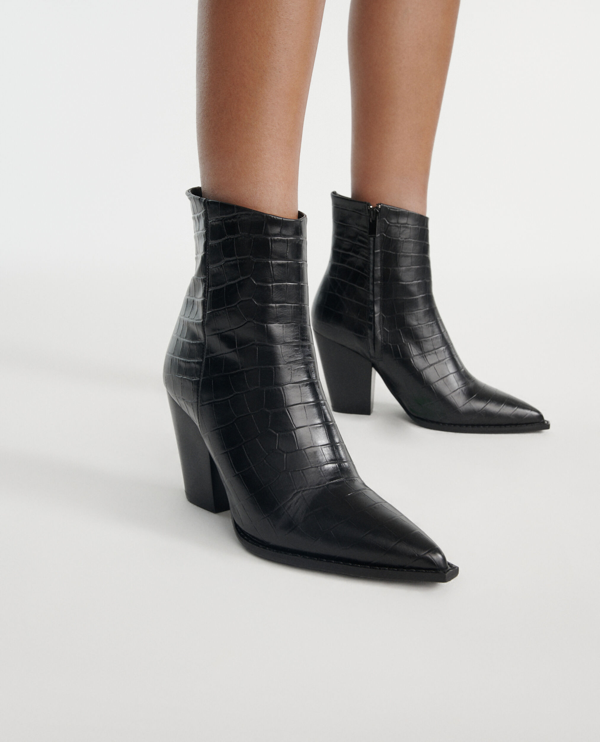 Heeled croc-effect black leather ankle boots, BLACK, hi-res image number null