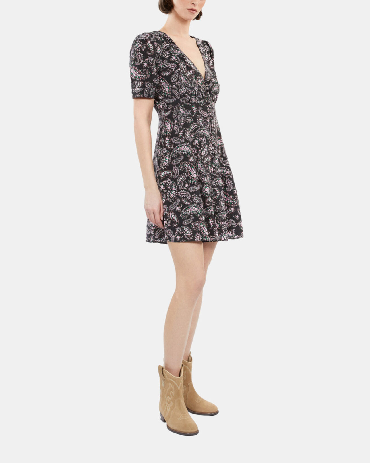 The Kooples WOMEN BLACK / PINK black and pink paisley print short dress with buttons