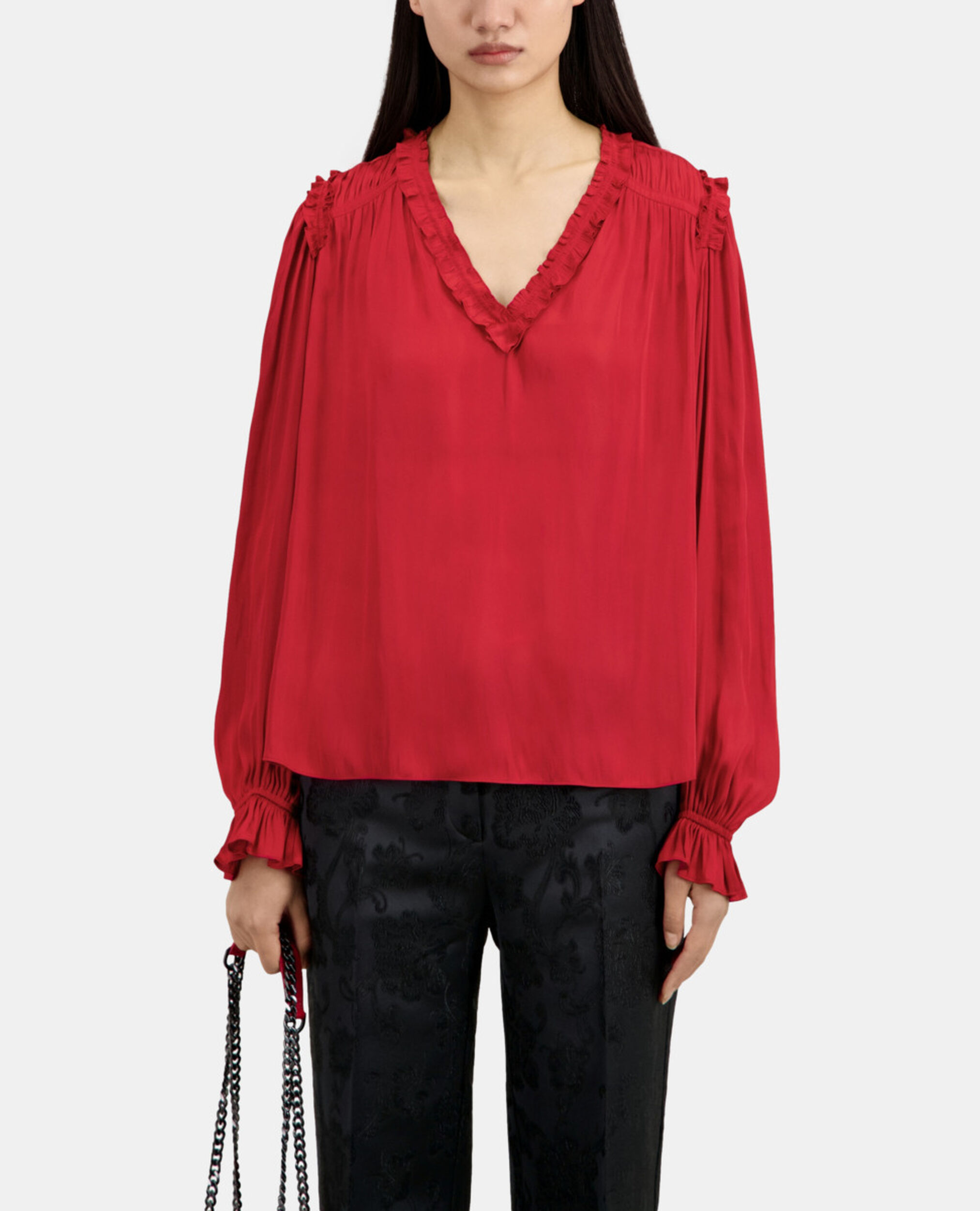 Red top with shirring, LIGHT BURGUNDY, hi-res image number null