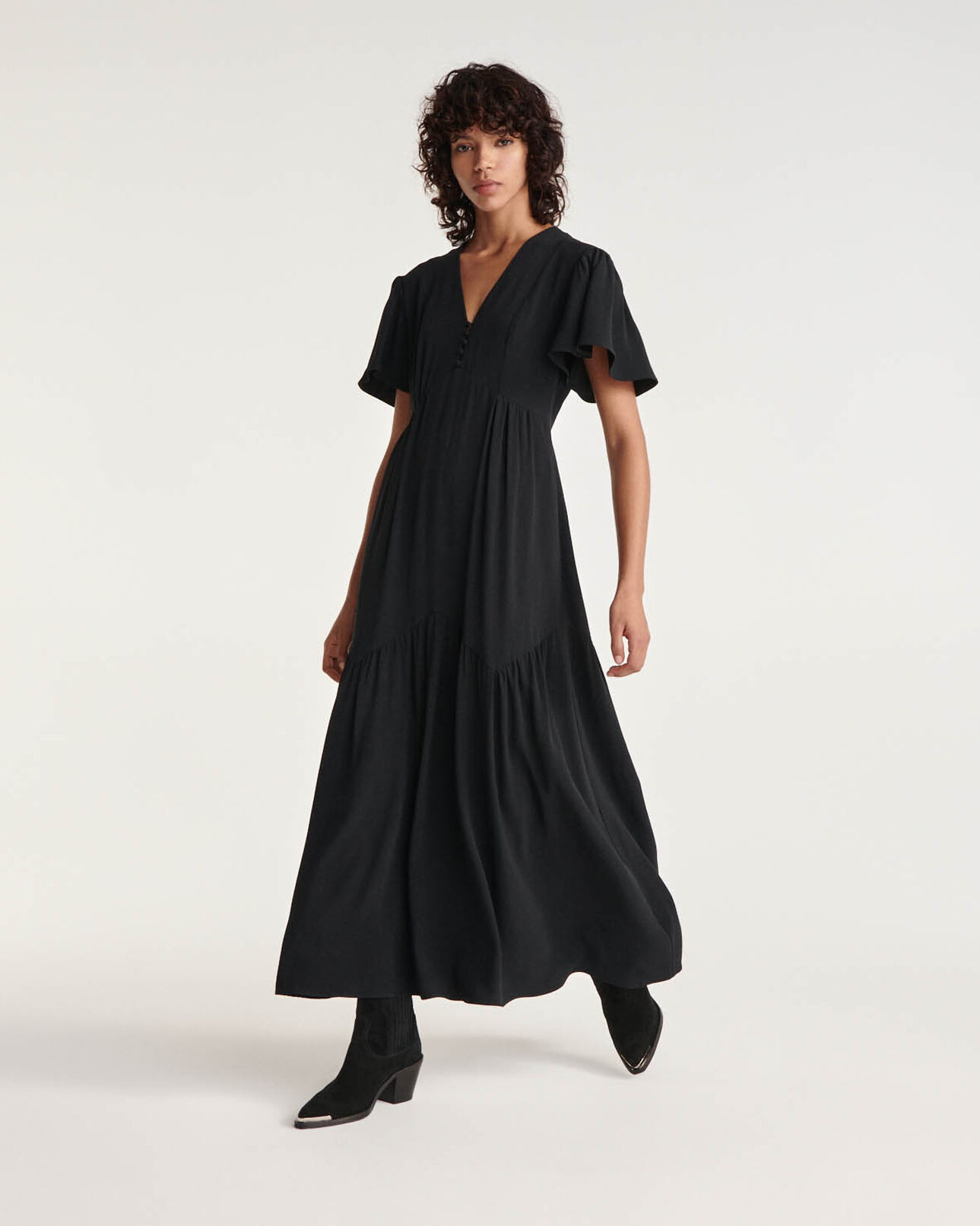 The Kooples WOMEN BLACK long black dress in crepe with ruffles