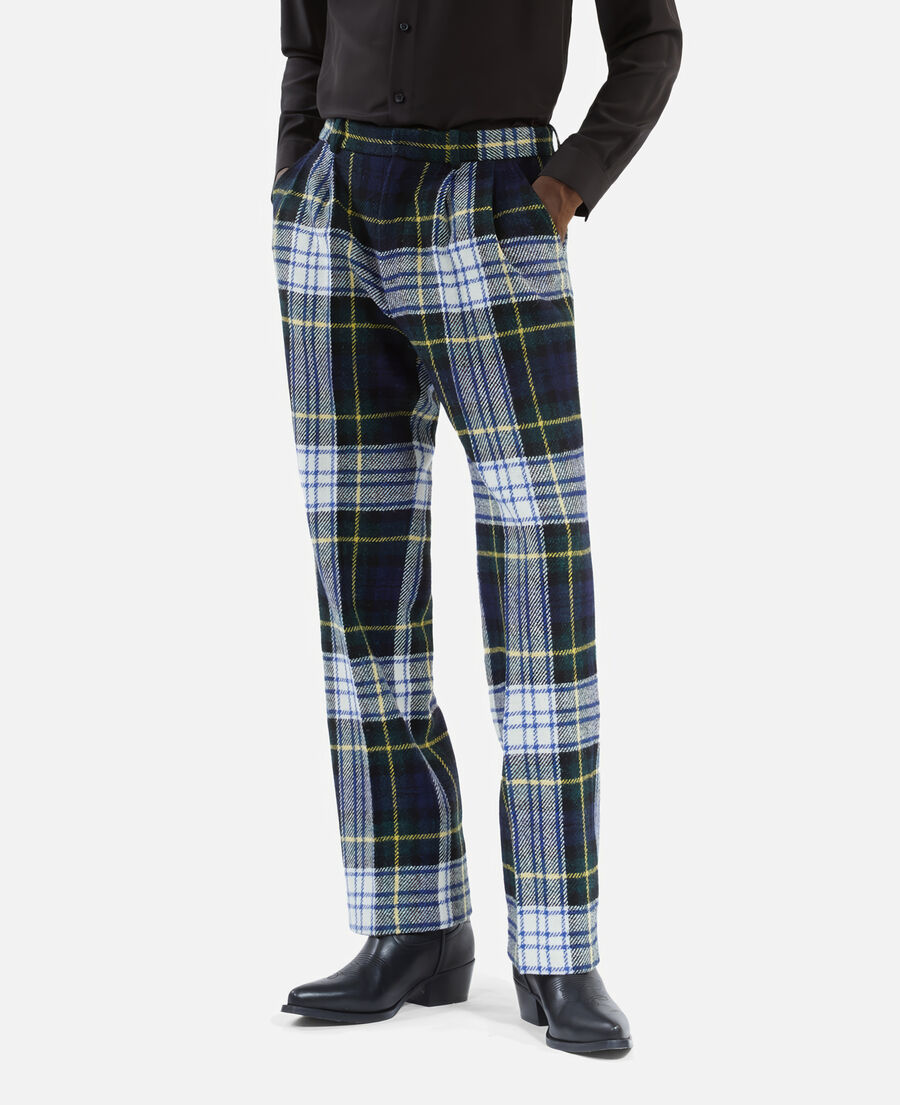The Kooples H GREEN-WHITE green and navy blue check wide-leg wool pants the kooples x harris tweed