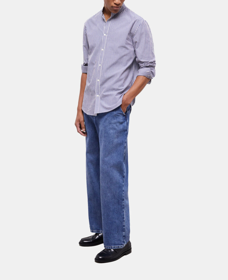 blue-striped shirt with officer collar