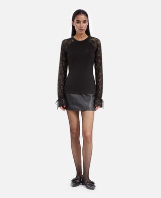 The Kooples FEMME BLACK WASHED t-shirt manches longues en dentelle noir
