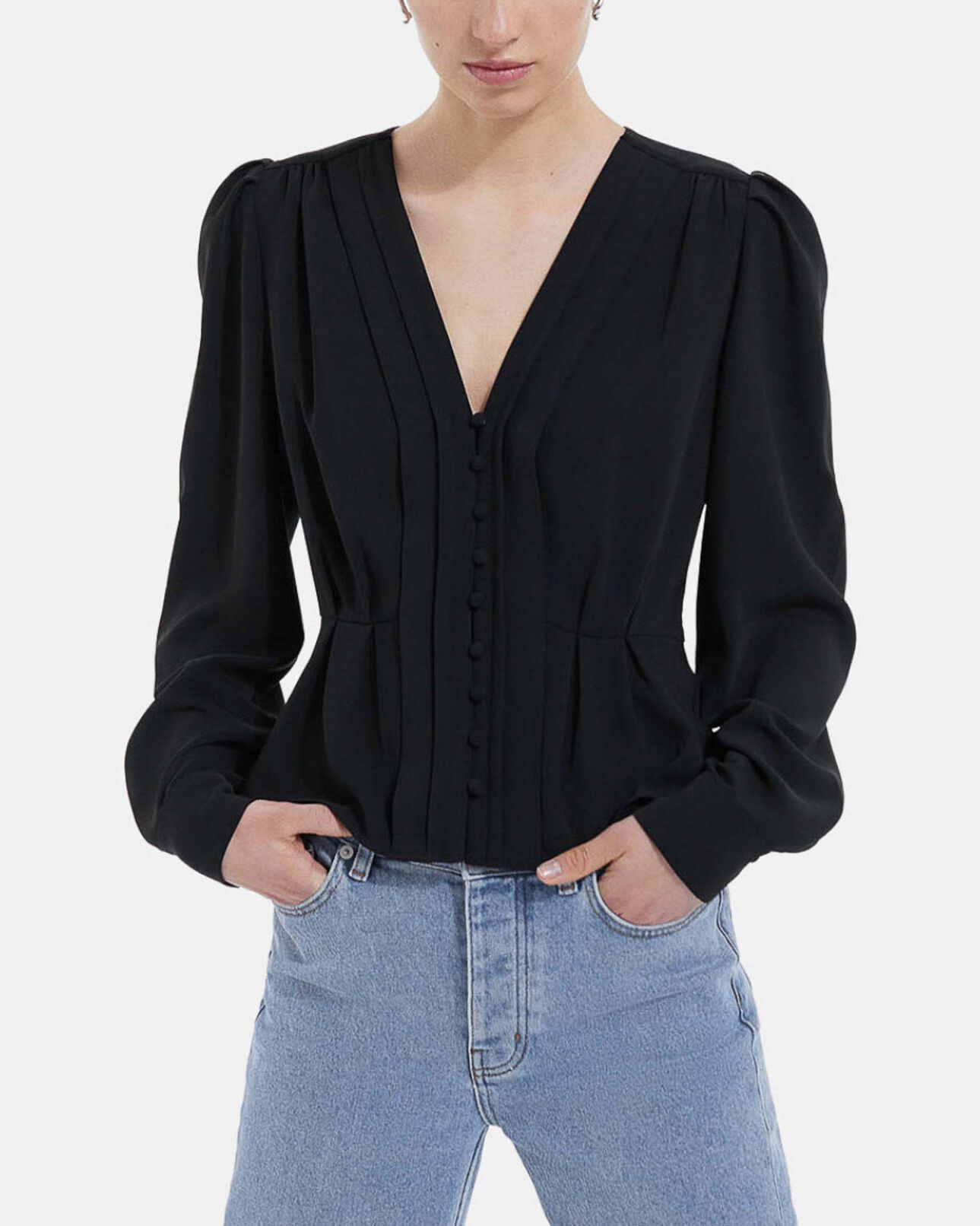 The Kooples DAMEN BLACK krepptop schwarz v-ausschnitt knöpfe bezogen