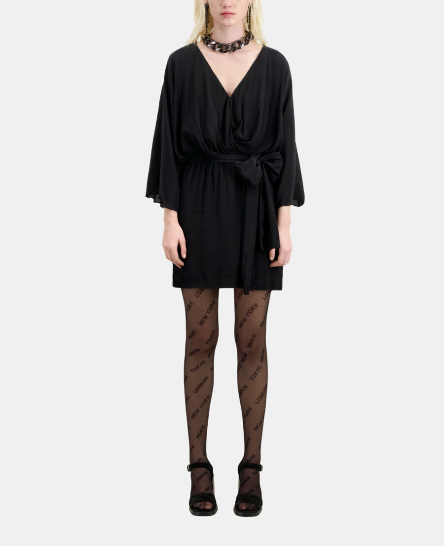 The Kooples WOMEN BLACK short belted kimono dress in silk viscose