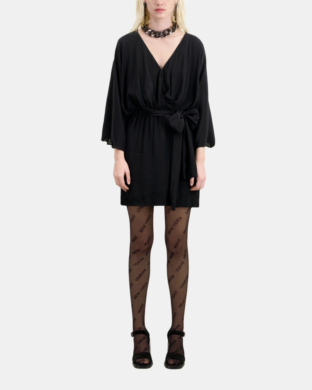 The Kooples WOMEN BLACK short belted kimono dress in silk viscose