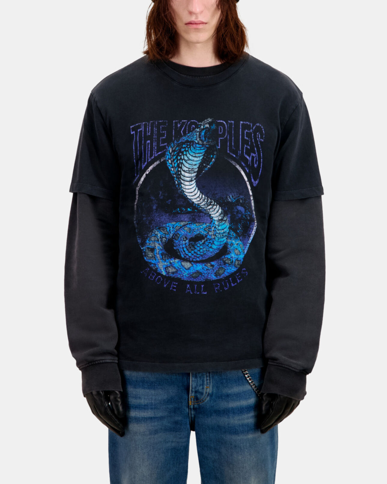 The Kooples MEN BLACK WASHED men's black t-shirt cobra serigraphy
