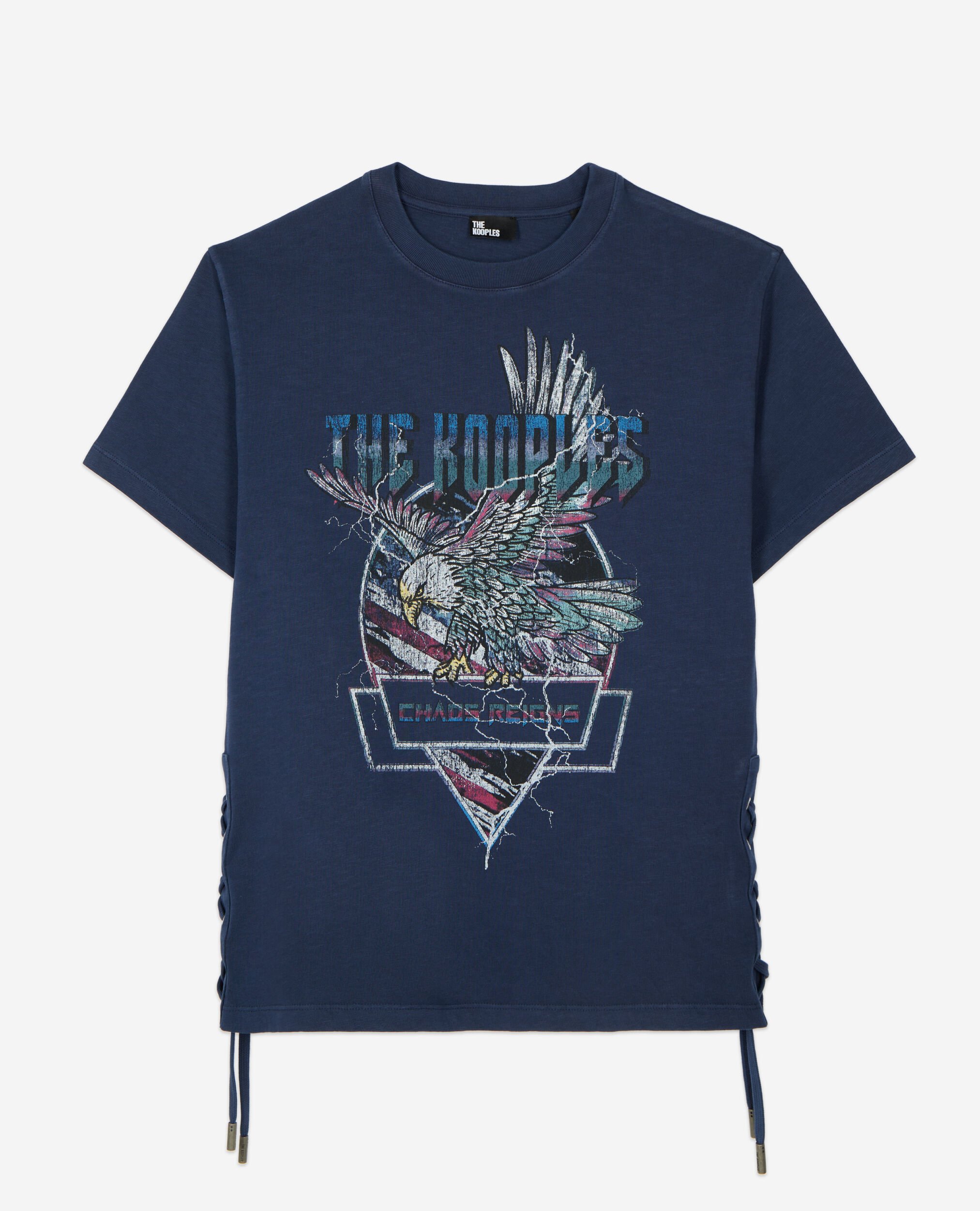 Marineblaues T-Shirt mit Schnürung und Eagle-Siebdruck, WASHED NAVY, hi-res image number null