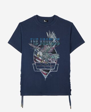 The Kooples DAMEN WASHED NAVY marineblaues t-shirt mit schnürung und eagle-siebdruck