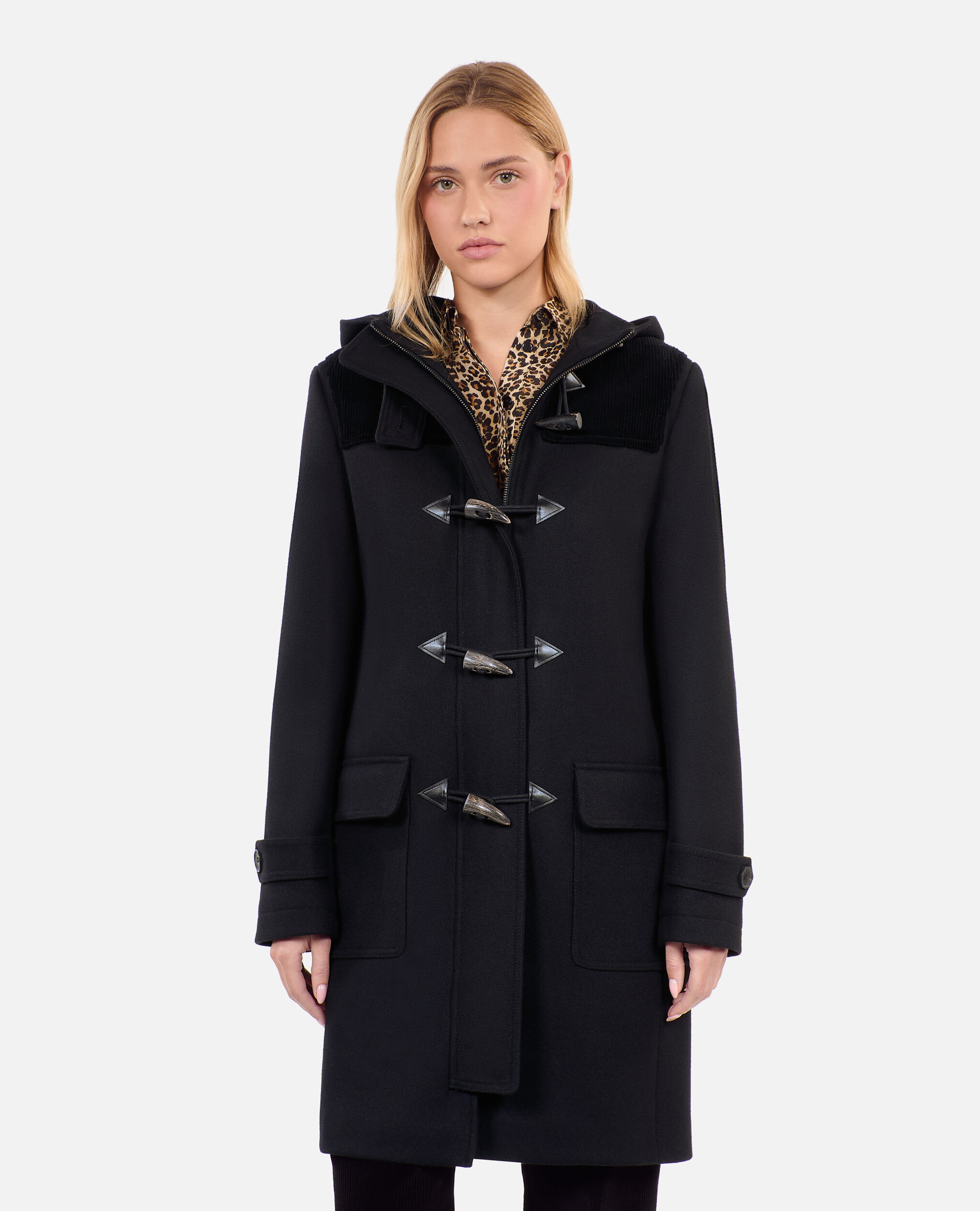 Black hooded pea coat, BLACK, hi-res image number null