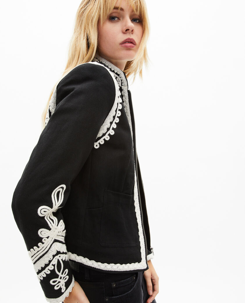 The Kooples DAMEN BLACK bestickte jacke aus schwarzer baumwolle