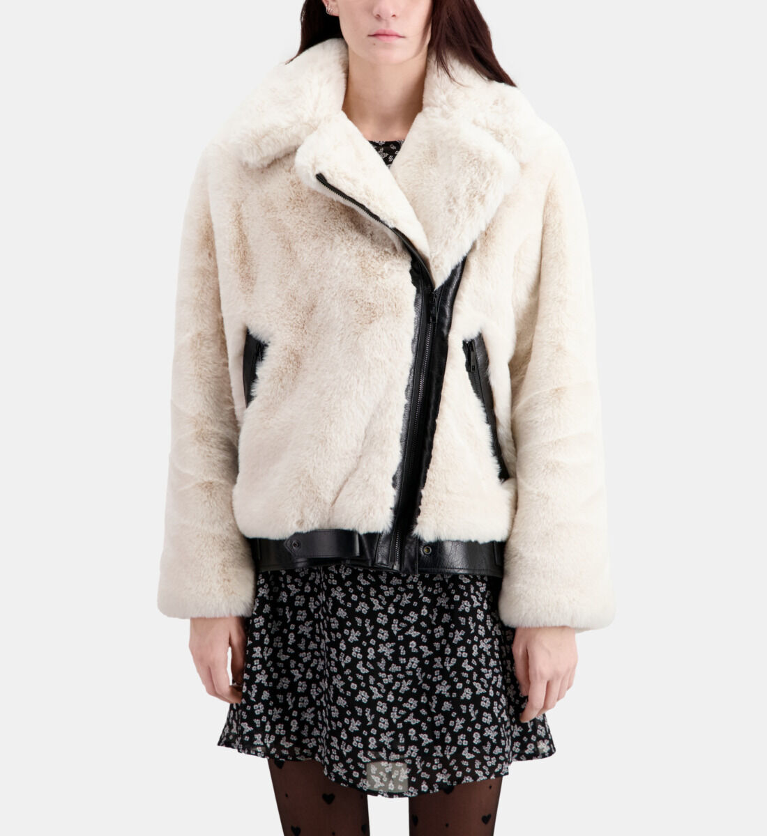 Ecru faux fur bomber jacket