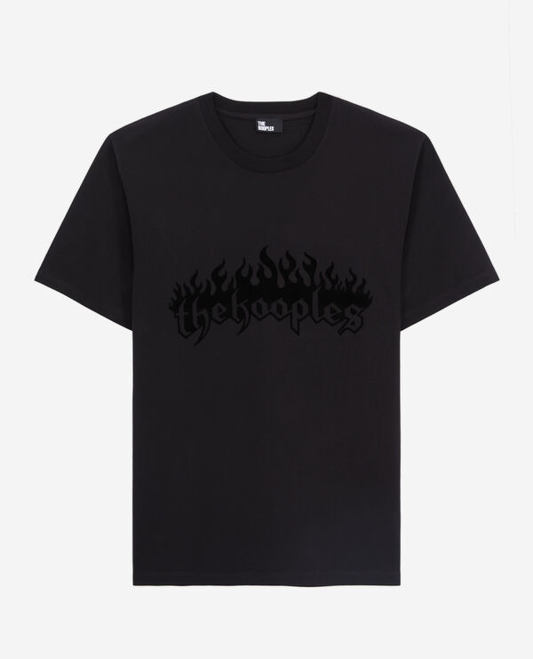 t-shirt homme noir avec flocage kooples on fire en velours