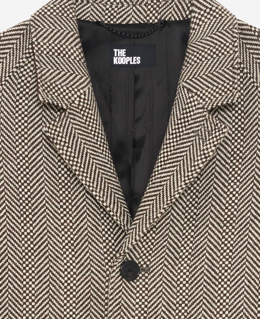 The Kooples HERREN BROWN CHEVRON langer brauner wollmantel mit fischgr&auml;tenmuster