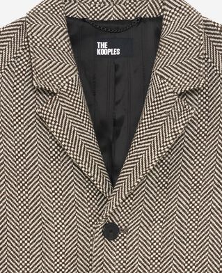 The Kooples HERREN BROWN CHEVRON langer brauner wollmantel mit fischgr&auml;tenmuster