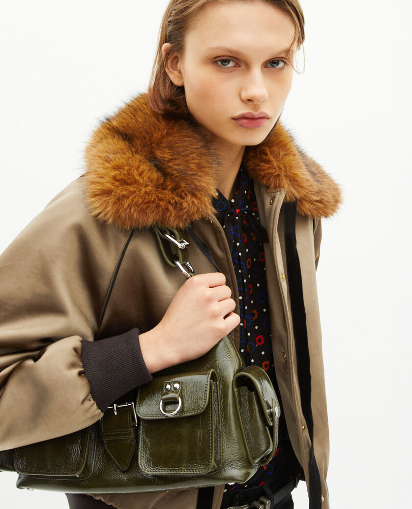 The Kooples FEMME KAKI blouson col fourrure satiné kaki