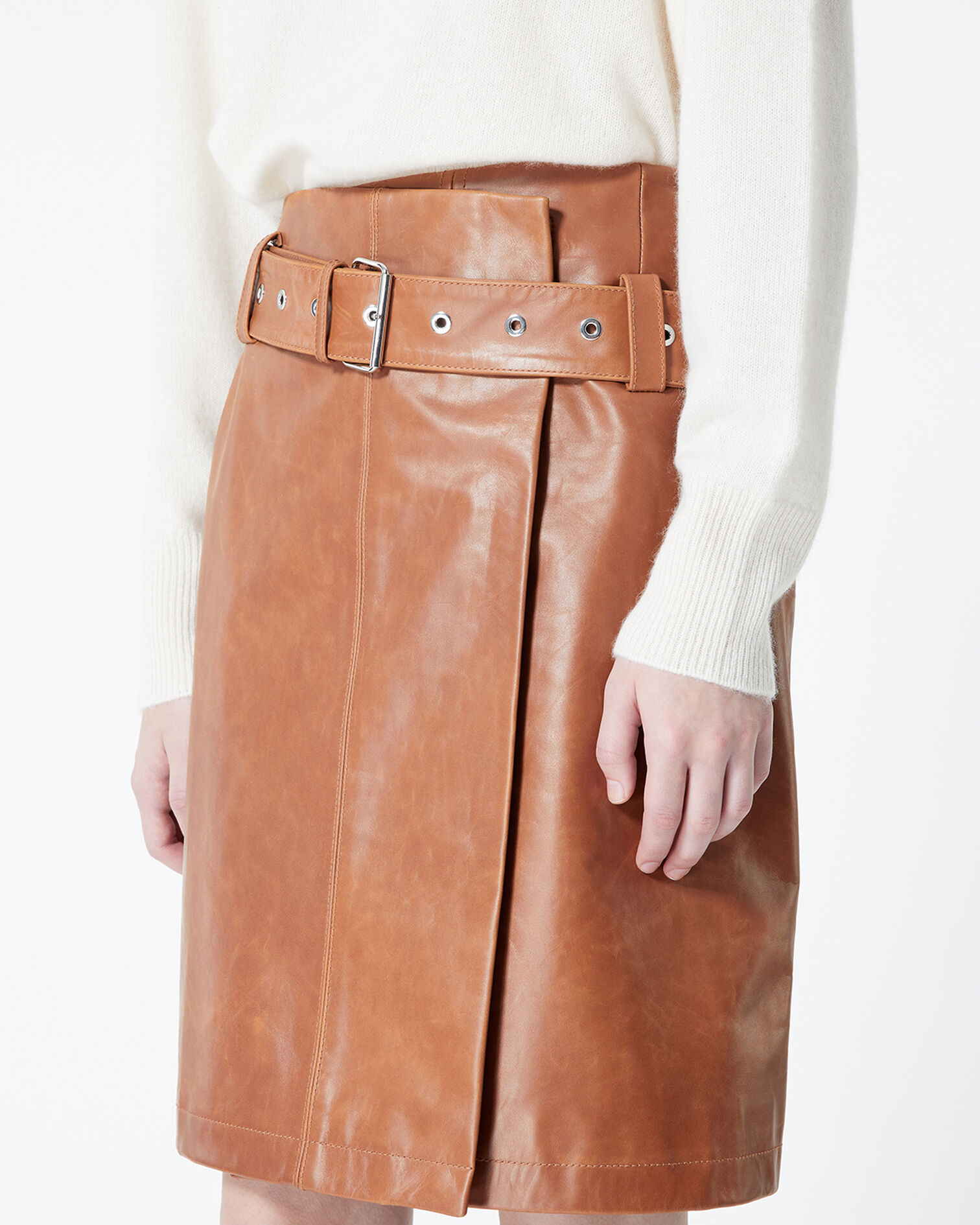 Jupe courte cuir marron ceinturée, BROWN, hi-res image number null