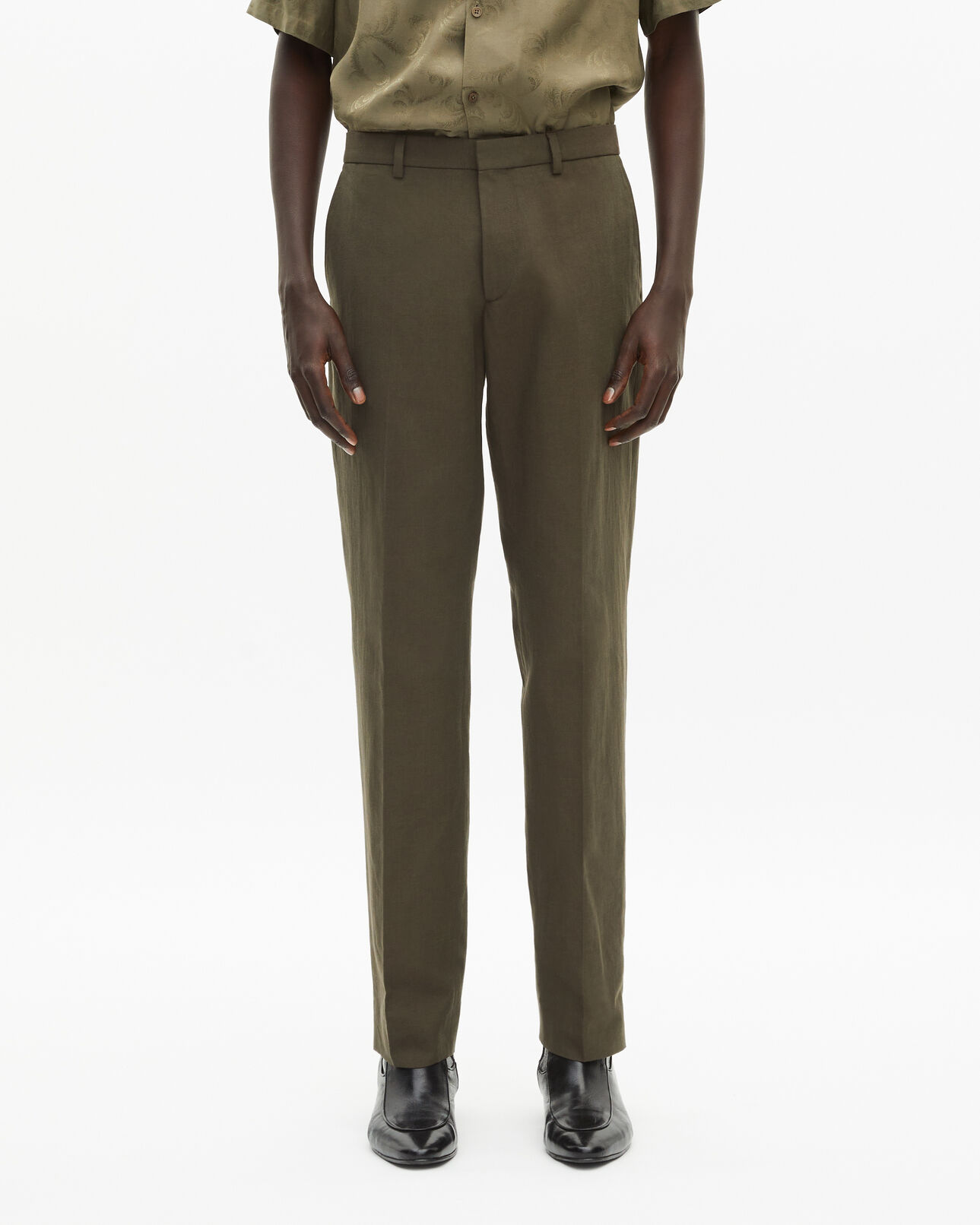 The Kooples HERREN KAKI gerade geschnittene anzughose aus khakifarbenem baumwoll-leinenstoff