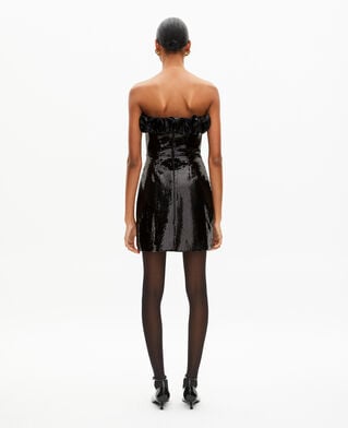 The Kooples F BLACK short strapless sequin dress with leather-effect detail in black