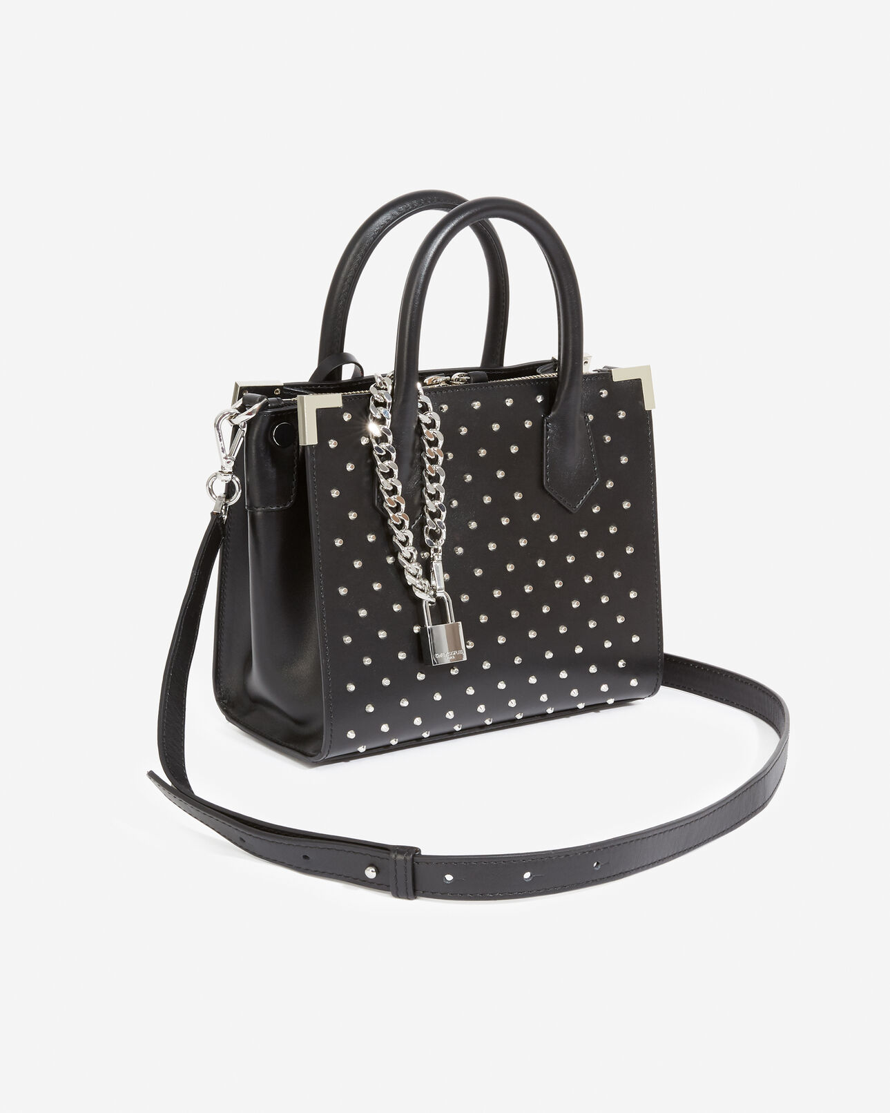 The Kooples FEMME BLACK / SILVER sac medium ming cuir lisse noir à clous