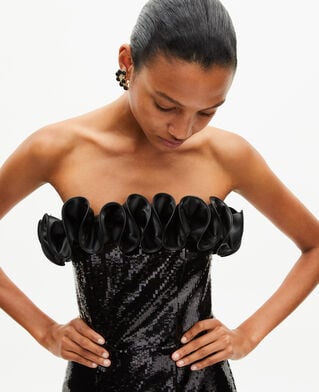 The Kooples WOMEN BLACK short strapless sequin dress with leather-effect detail in black