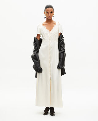 The Kooples WOMEN LIGHT BEIGE long silk dress with ecru lace