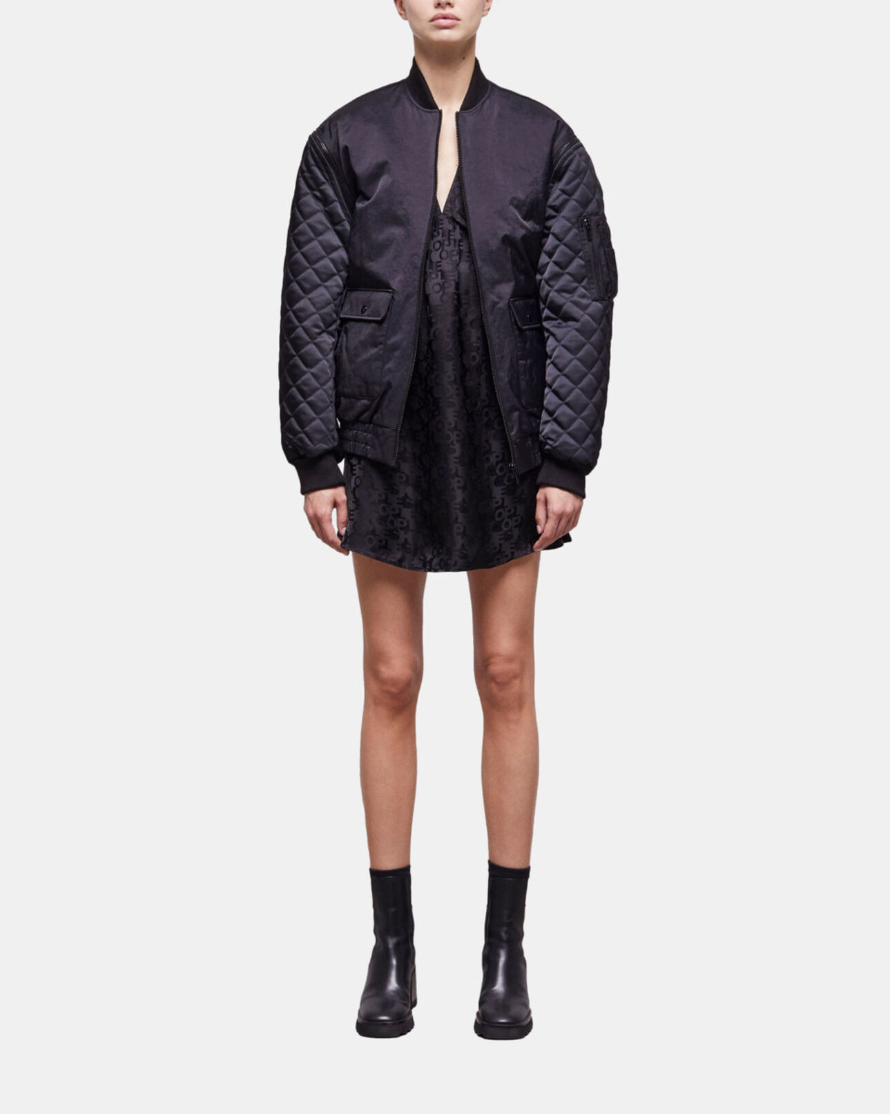 The Kooples WOMEN BLACK black satin bomber jacket with detachable sleeves