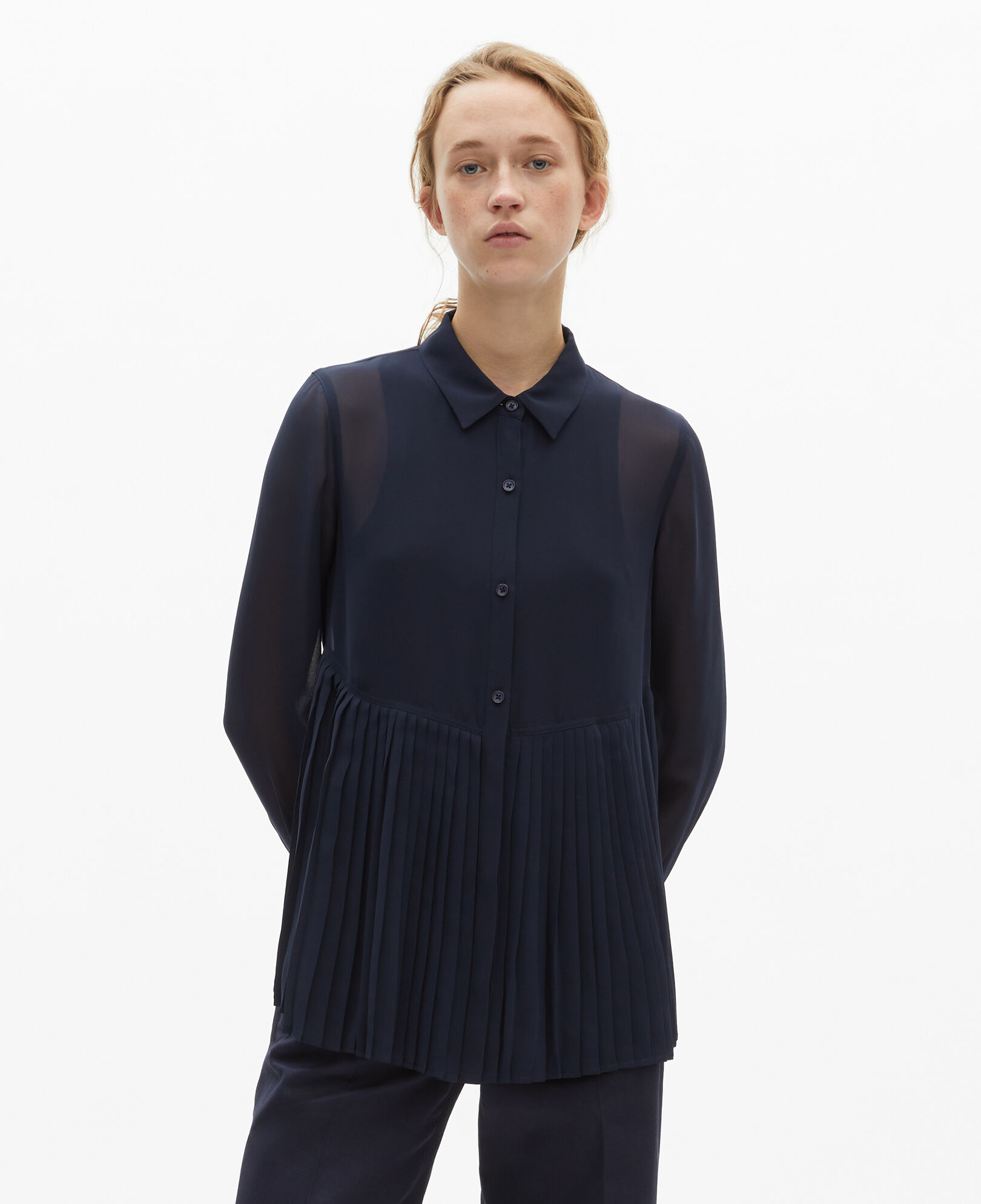 The Kooples WOMEN NAVY navy blue pleated shirt