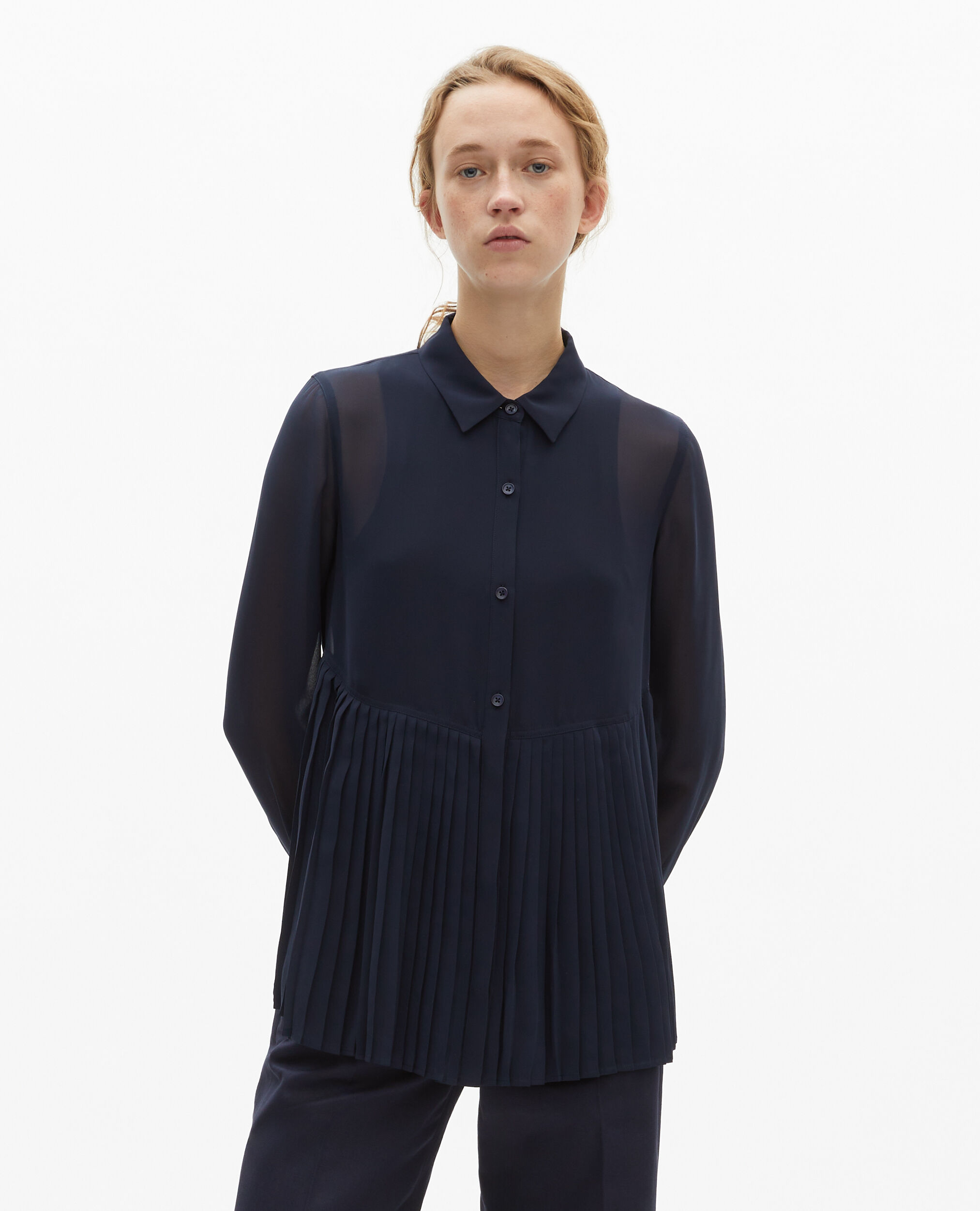 Navy blue pleated shirt, NAVY, hi-res image number null