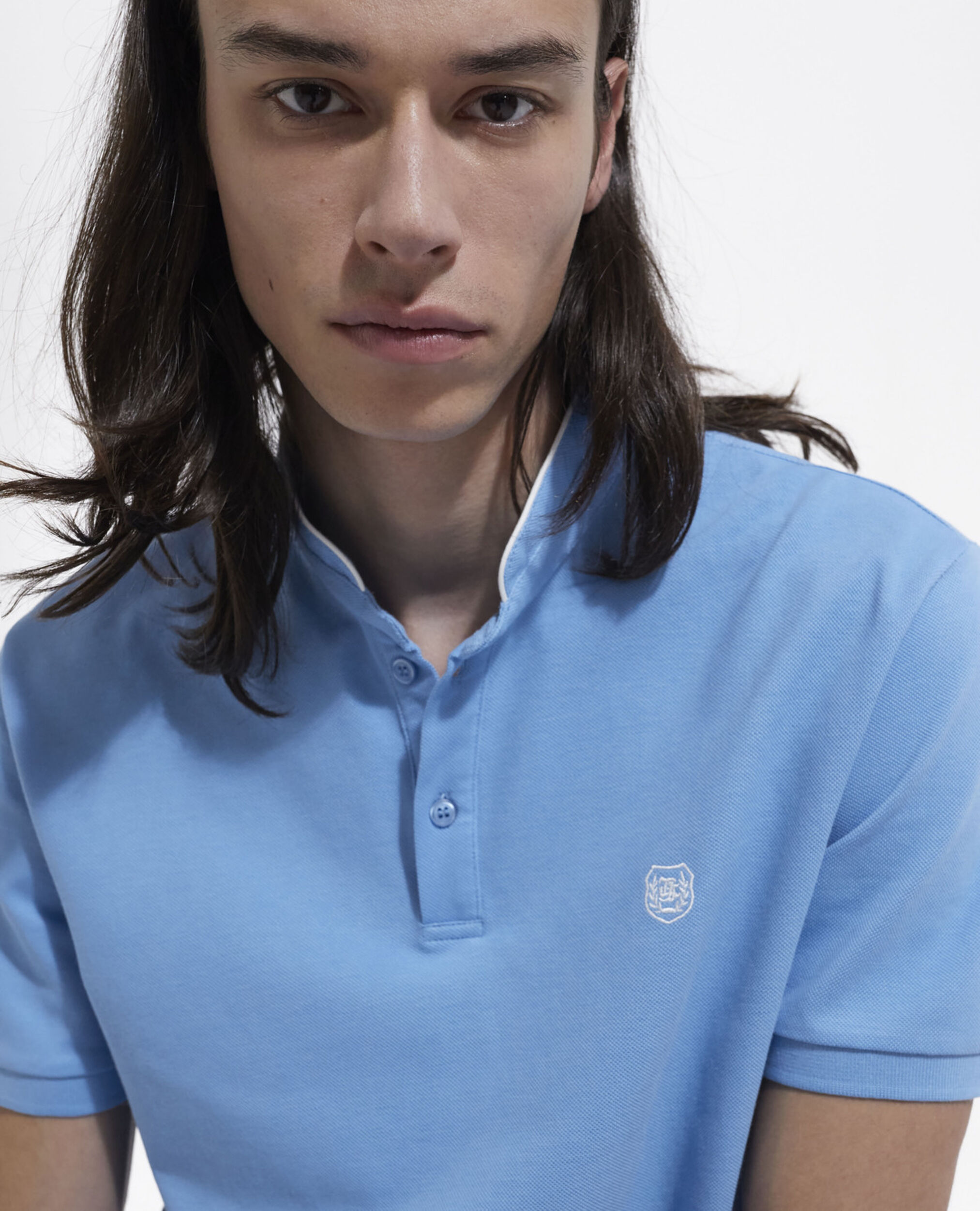Embroidered blue polo w/ buttoned officer collar, BLUE / WHITE, hi-res image number null