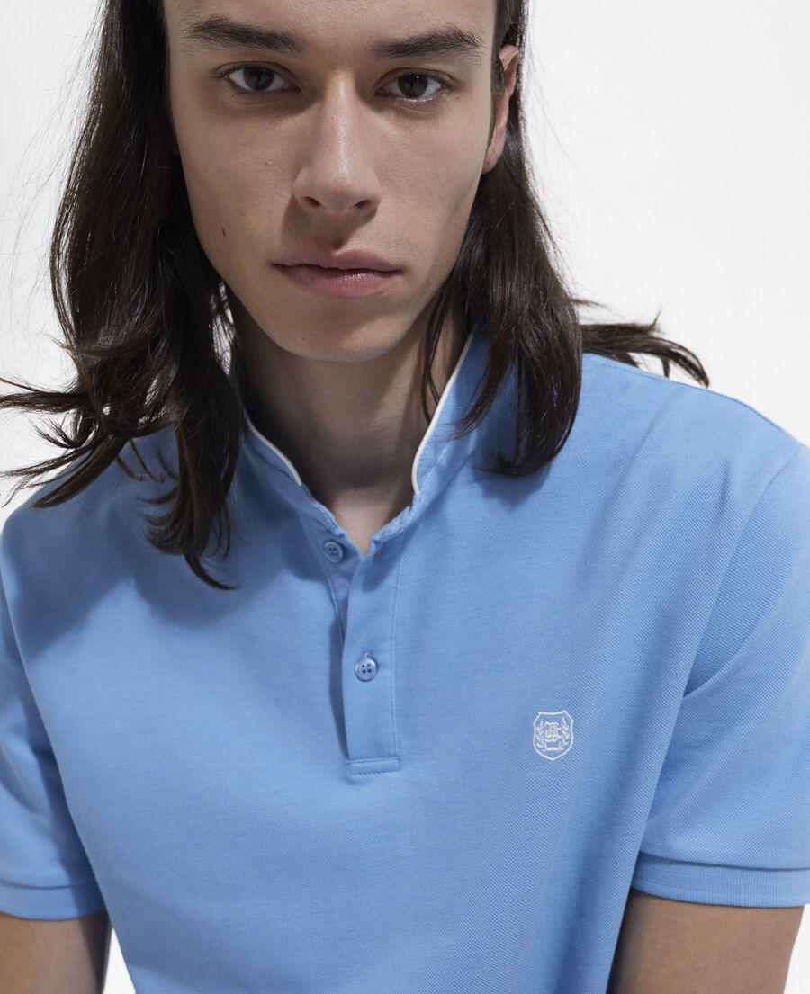 embroidered blue polo w/ buttoned officer collar