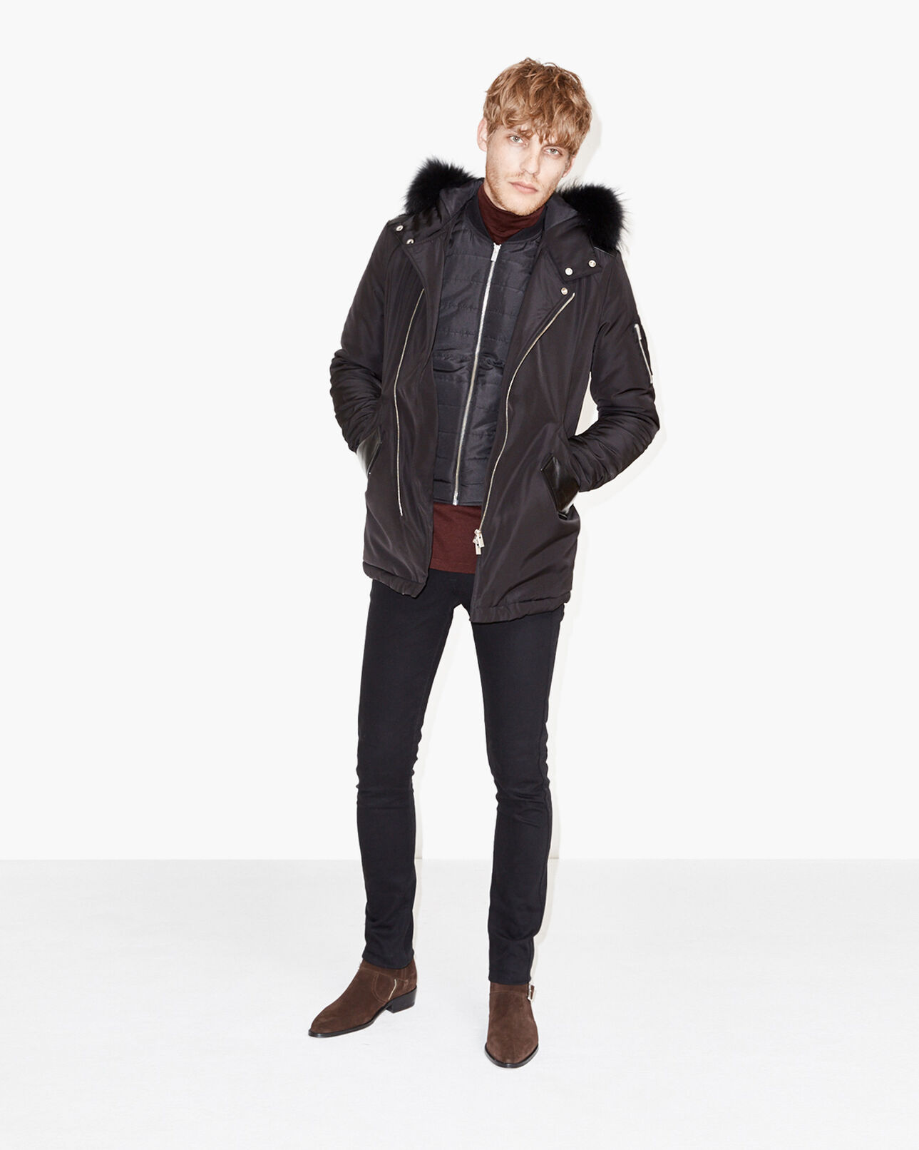 The Kooples HERREN BLACK biker parka mit abnehmbarer gefütterter kapuze und lederdetails