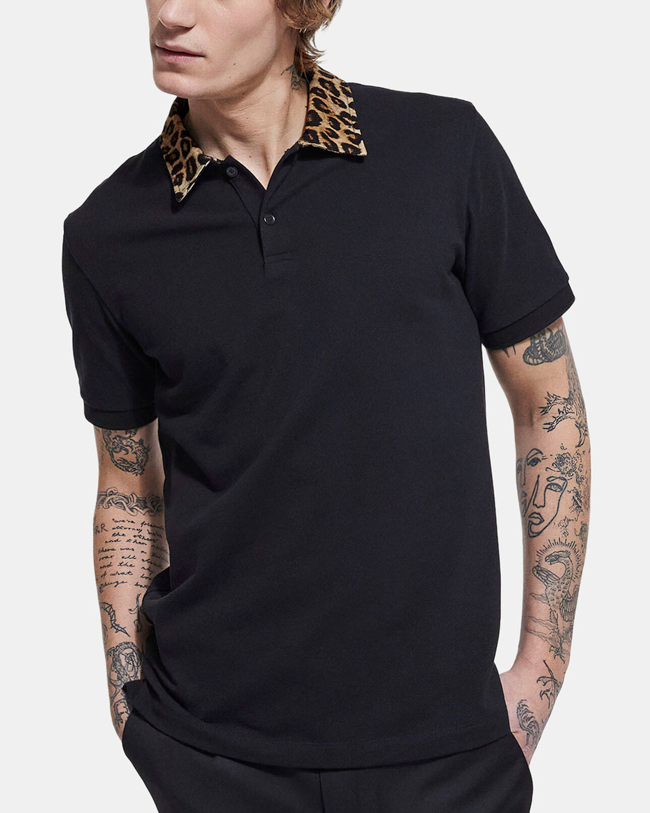 The Kooples MEN BLACK polo with leopard print collar