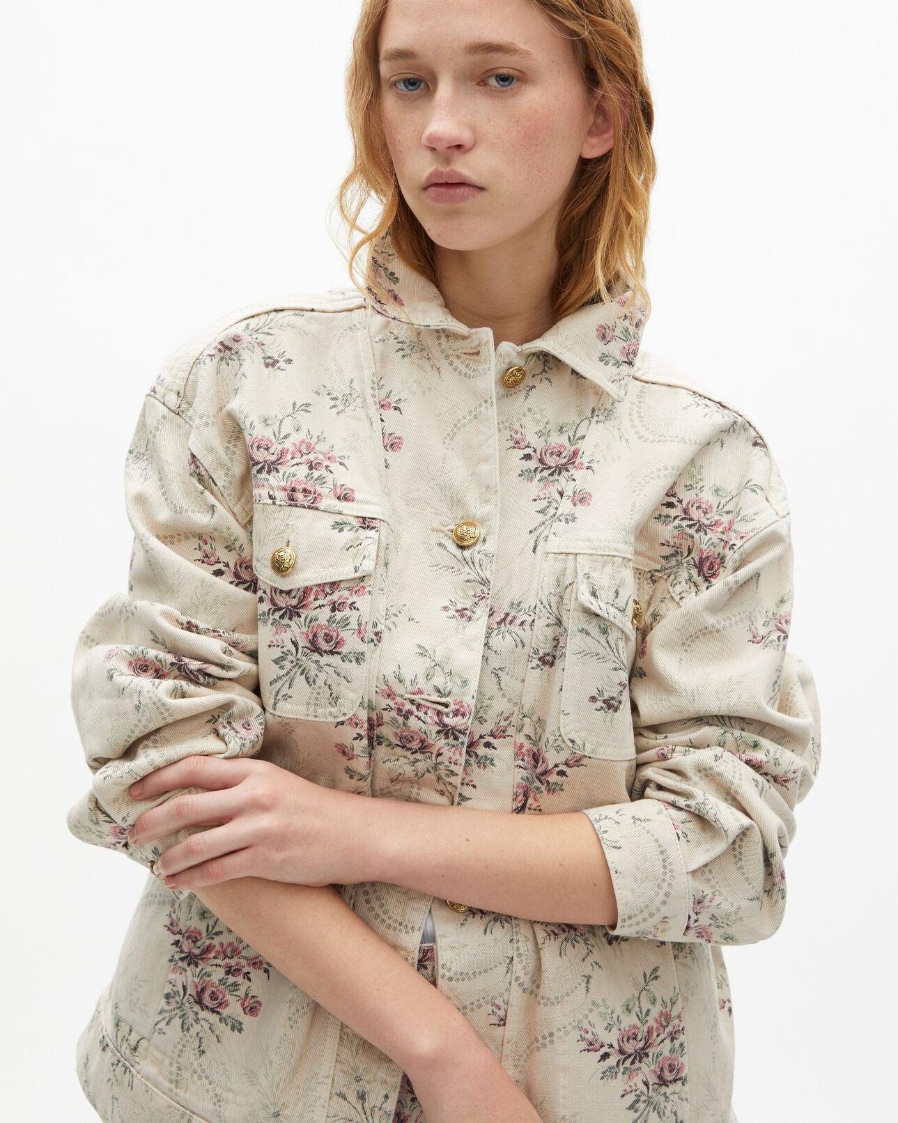 The Kooples WOMEN BEIGE TAUPE flower print jacket in beige denim