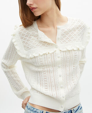 The Kooples FEMME ECRU cardigan avec volants en laine m&eacute;rinos &eacute;cru