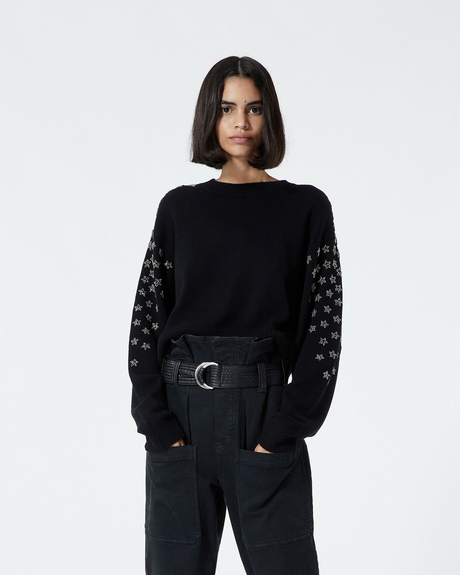Black cashmere and wool sweater w/rhinestone, BLACK, hi-res image number null